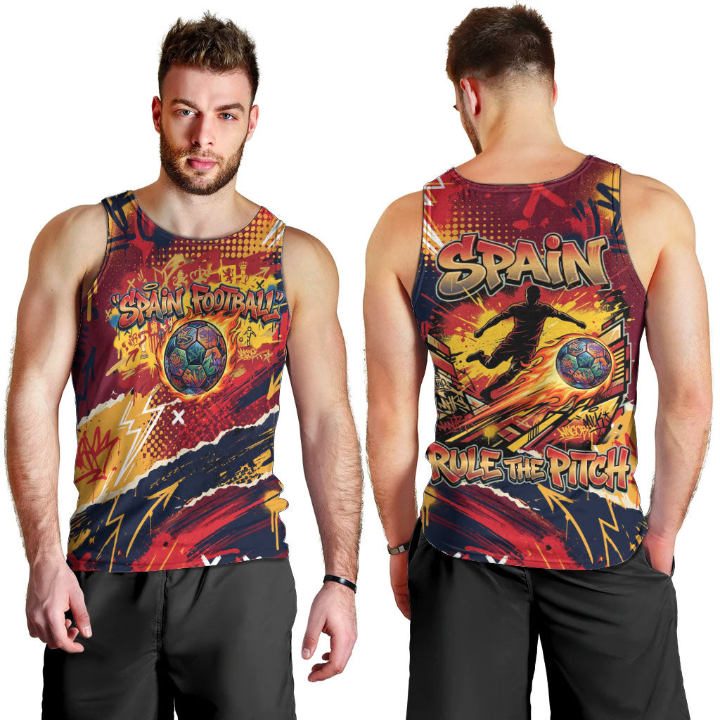 Spain Football Rule The Pitch Men Tank Top Urban Graffiti Soccer Player Flaming Ball