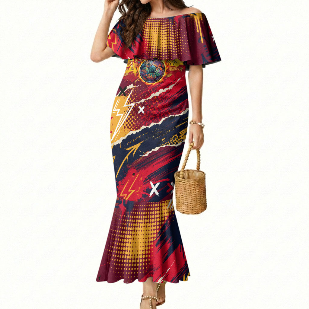 Spain Football Rule The Pitch Mermaid Dress Urban Graffiti Soccer Player Flaming Ball