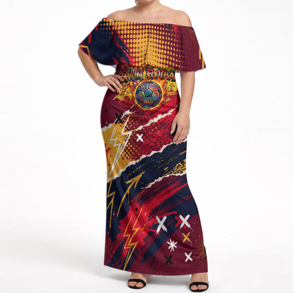 Spain Football Rule The Pitch Off Shoulder Maxi Dress Urban Graffiti Soccer Player Flaming Ball