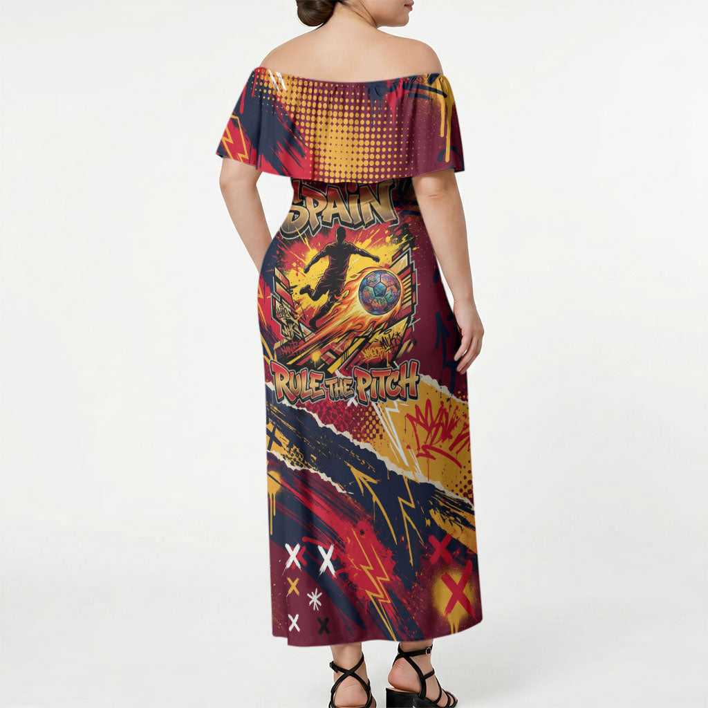 Spain Football Rule The Pitch Off Shoulder Maxi Dress Urban Graffiti Soccer Player Flaming Ball