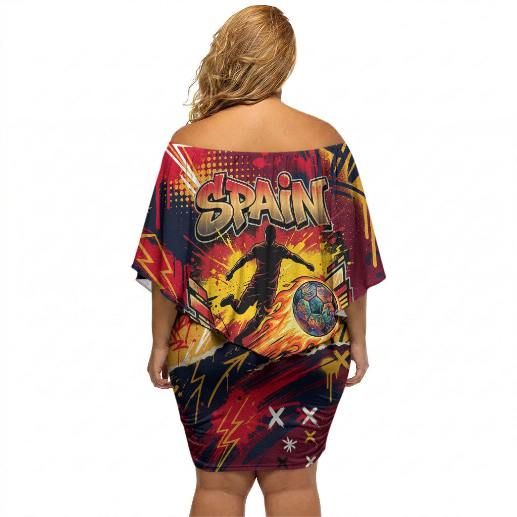 Spain Football Rule The Pitch Off Shoulder Short Dress Urban Graffiti Soccer Player Flaming Ball