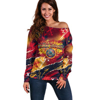 Spain Football Rule The Pitch Off Shoulder Sweater Urban Graffiti Soccer Player Flaming Ball