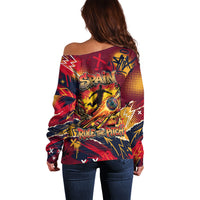 Spain Football Rule The Pitch Off Shoulder Sweater Urban Graffiti Soccer Player Flaming Ball