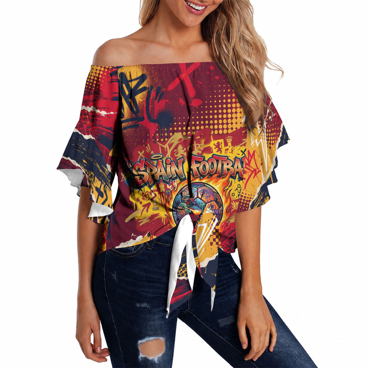Spain Football Rule The Pitch Off Shoulder Wrap Waist Top Urban Graffiti Soccer Player Flaming Ball