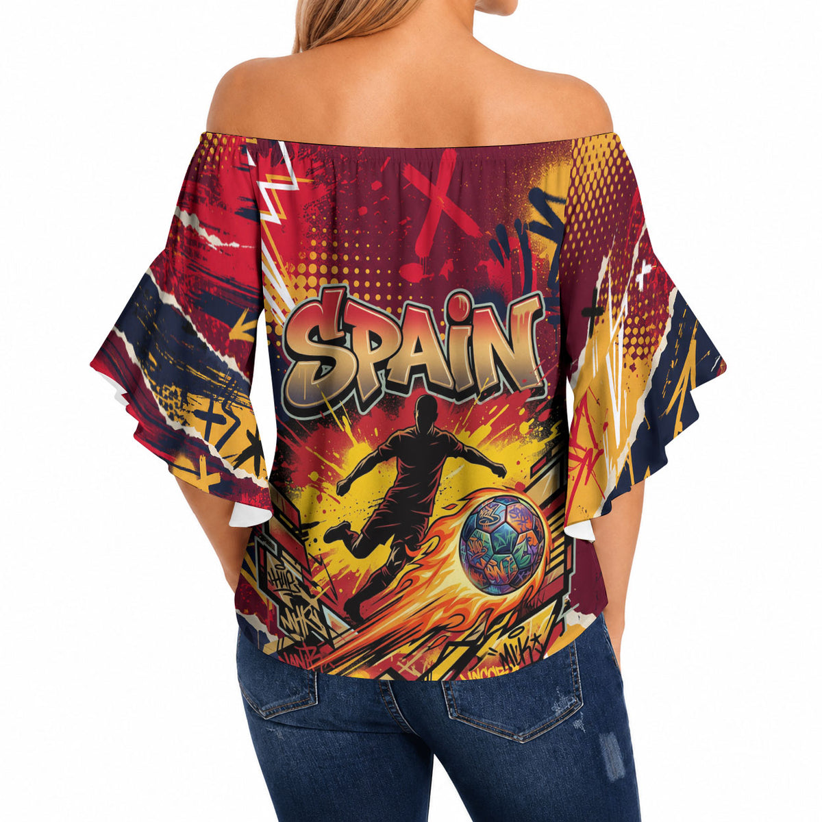 Spain Football Rule The Pitch Off Shoulder Wrap Waist Top Urban Graffiti Soccer Player Flaming Ball