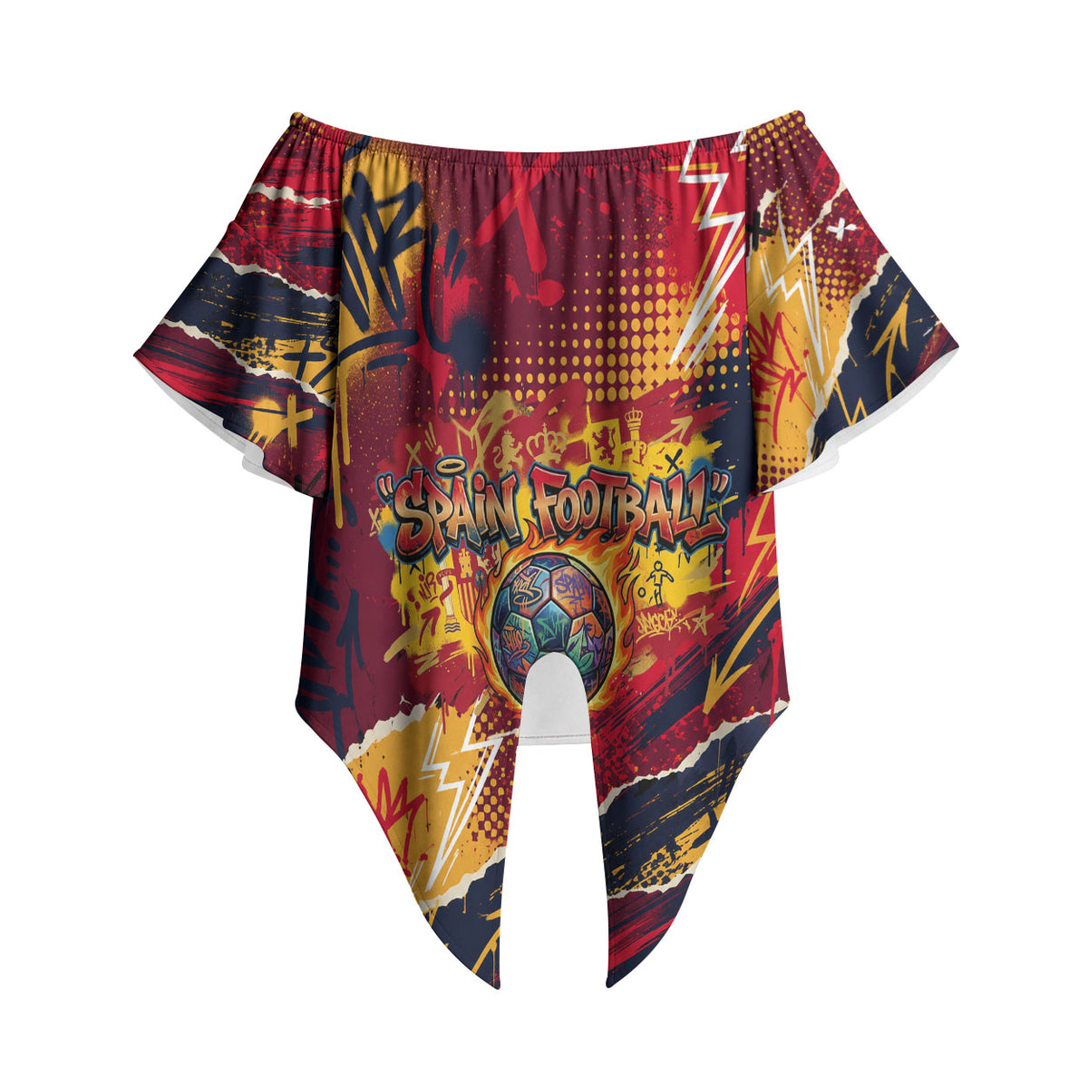 Spain Football Rule The Pitch Off Shoulder Wrap Waist Top Urban Graffiti Soccer Player Flaming Ball