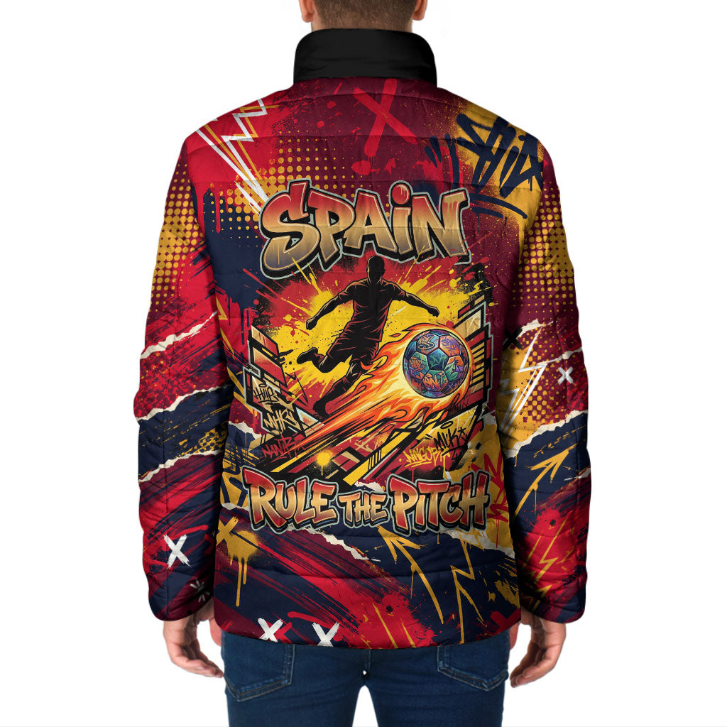 Spain Football Rule The Pitch Padded Jacket Urban Graffiti Soccer Player Flaming Ball