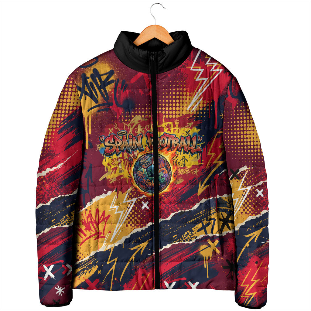 Spain Football Rule The Pitch Padded Jacket Urban Graffiti Soccer Player Flaming Ball