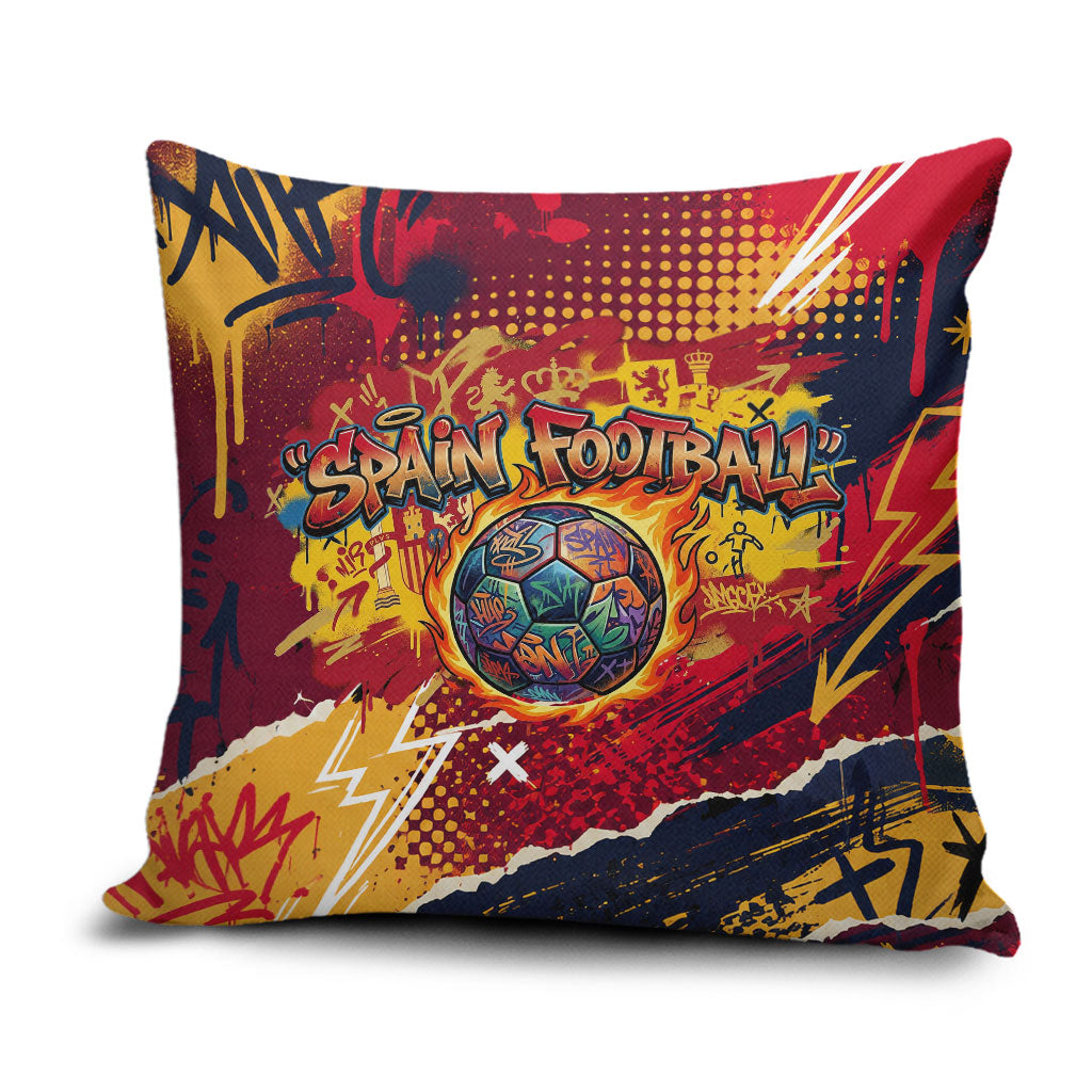 Spain Football Rule The Pitch Pillow Cover Urban Graffiti Soccer Player Flaming Ball