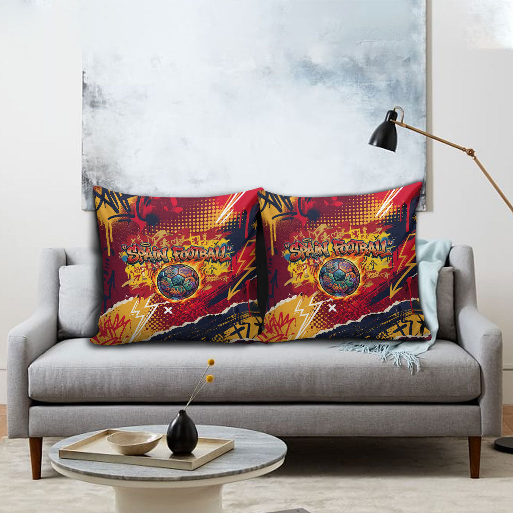 Spain Football Rule The Pitch Pillow Cover Urban Graffiti Soccer Player Flaming Ball