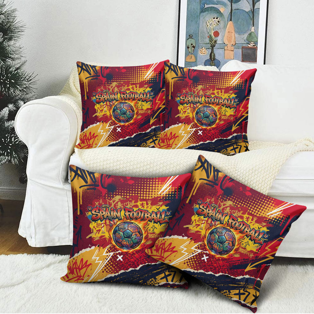 Spain Football Rule The Pitch Pillow Cover Urban Graffiti Soccer Player Flaming Ball