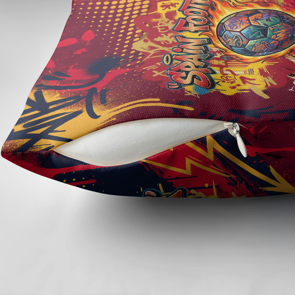 Spain Football Rule The Pitch Pillow Cover Urban Graffiti Soccer Player Flaming Ball