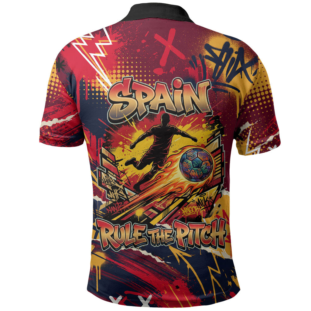 Spain Football Rule The Pitch Polo Shirt Urban Graffiti Soccer Player Flaming Ball