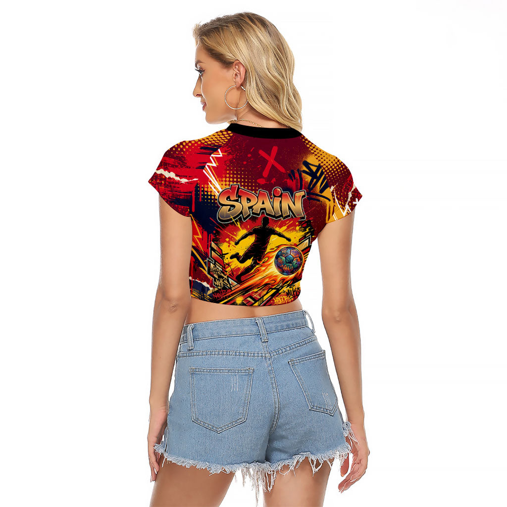 Spain Football Rule The Pitch Raglan Cropped T Shirt Urban Graffiti Soccer Player Flaming Ball