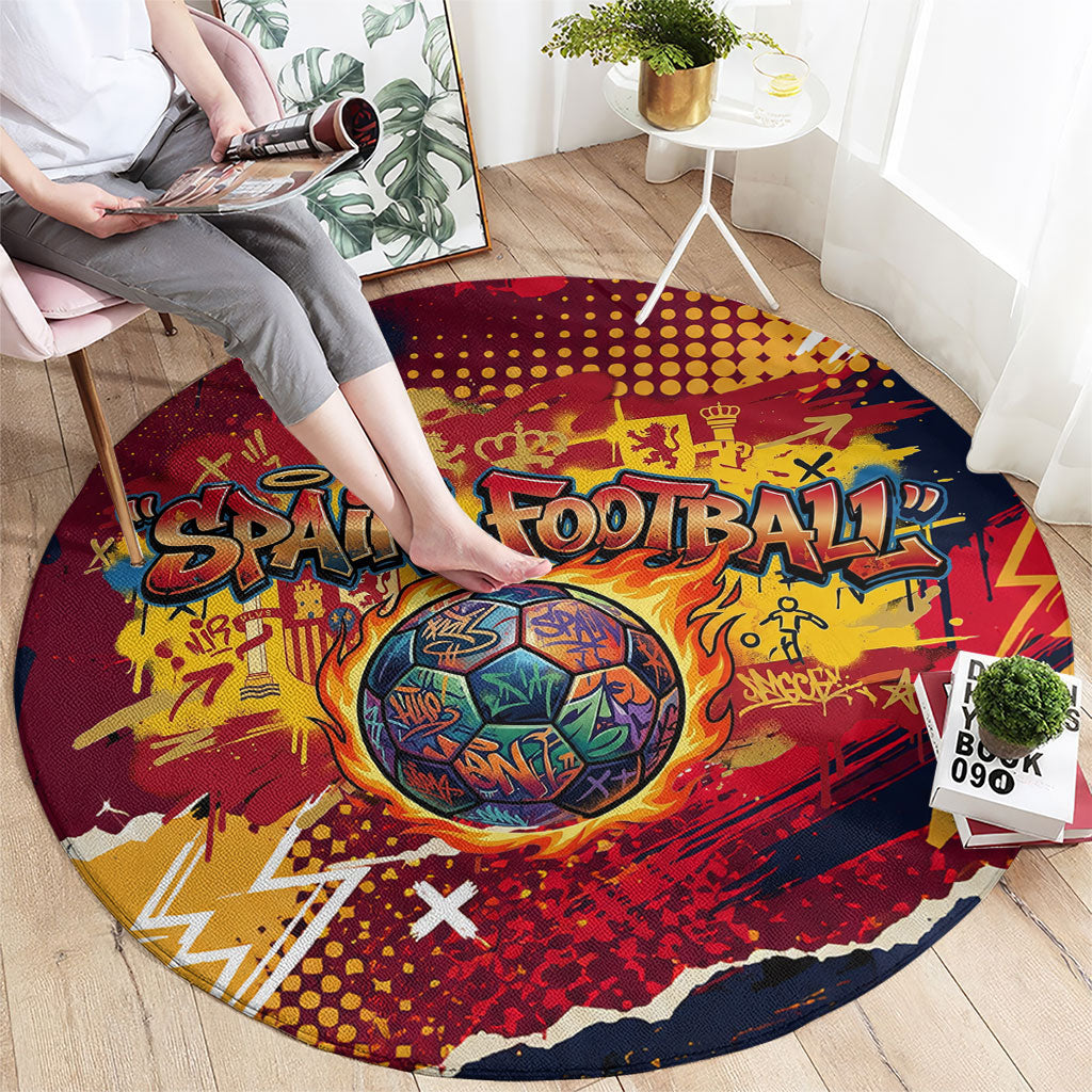 Spain Football Rule The Pitch Round Carpet Urban Graffiti Soccer Player Flaming Ball