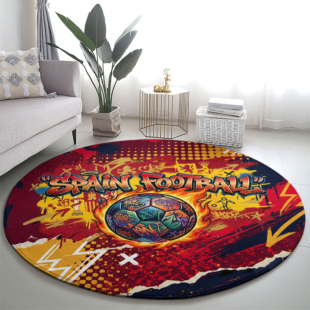 Spain Football Rule The Pitch Round Carpet Urban Graffiti Soccer Player Flaming Ball