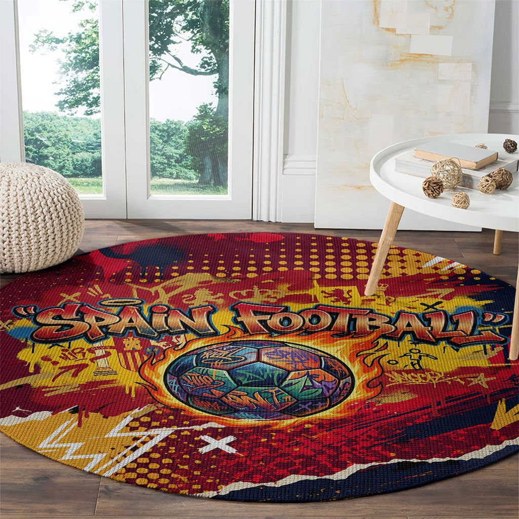 Spain Football Rule The Pitch Round Carpet Urban Graffiti Soccer Player Flaming Ball
