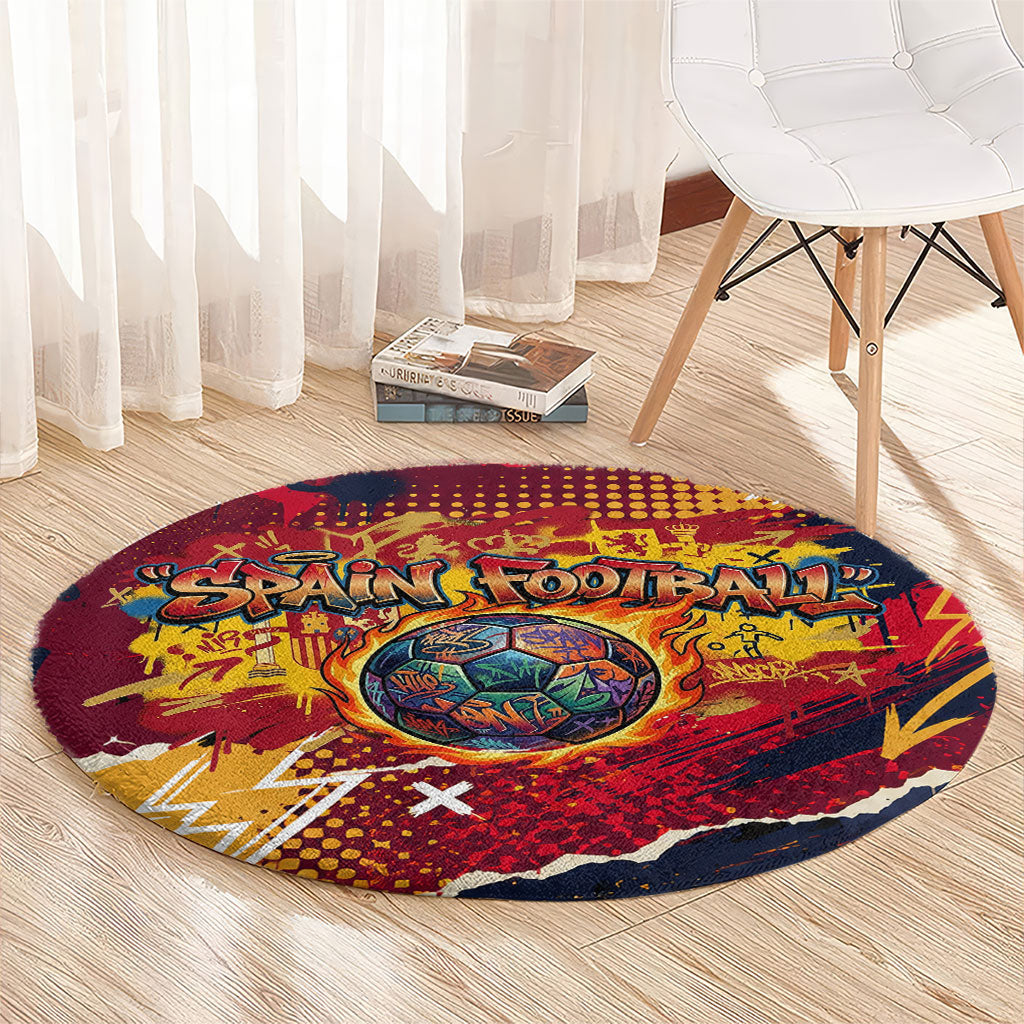 Spain Football Rule The Pitch Round Carpet Urban Graffiti Soccer Player Flaming Ball