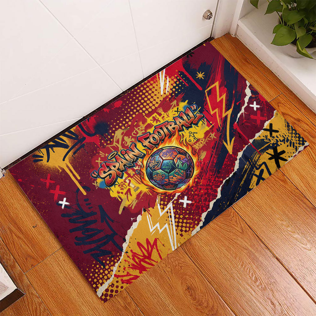 Spain Football Rule The Pitch Rubber Doormat Urban Graffiti Soccer Player Flaming Ball