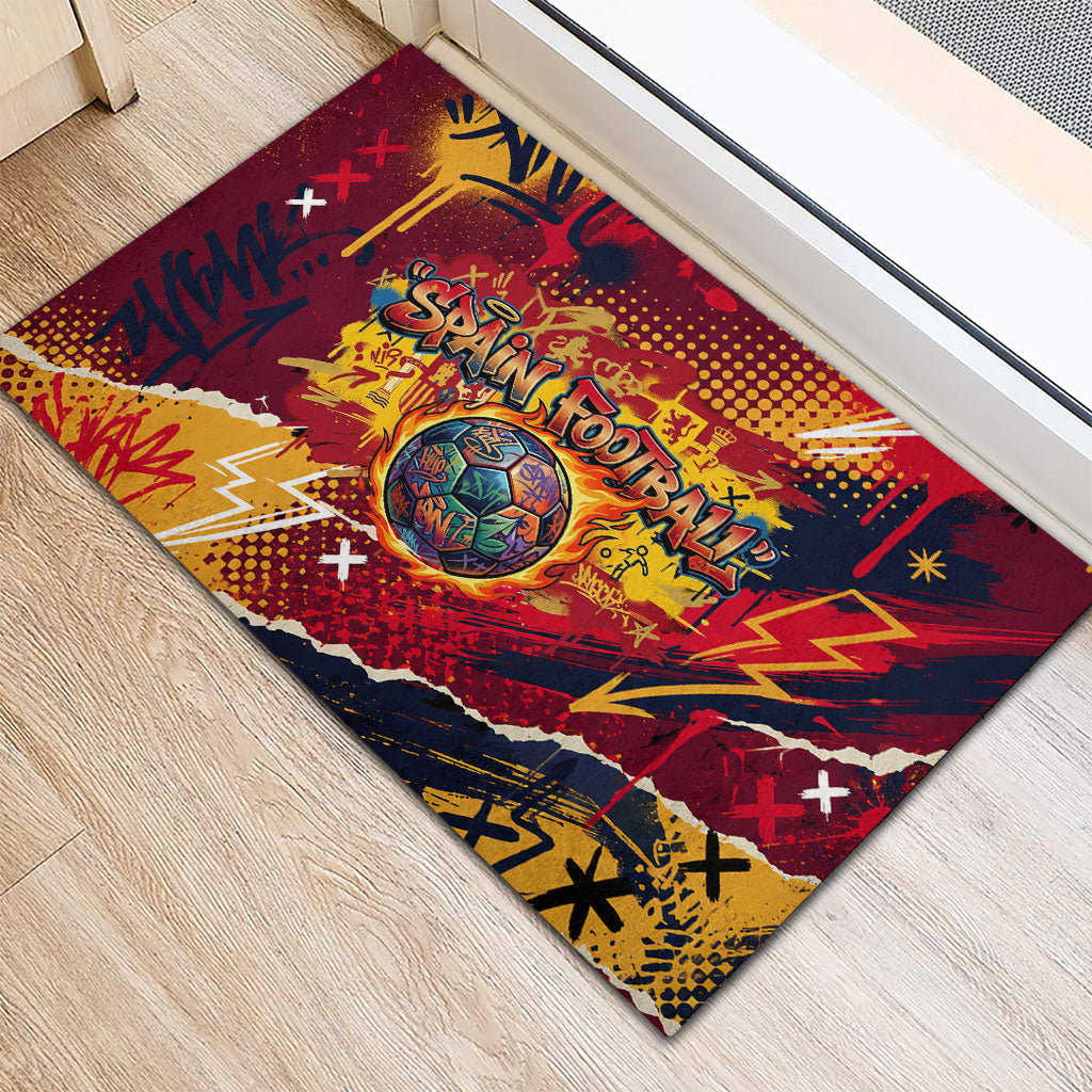 Spain Football Rule The Pitch Rubber Doormat Urban Graffiti Soccer Player Flaming Ball