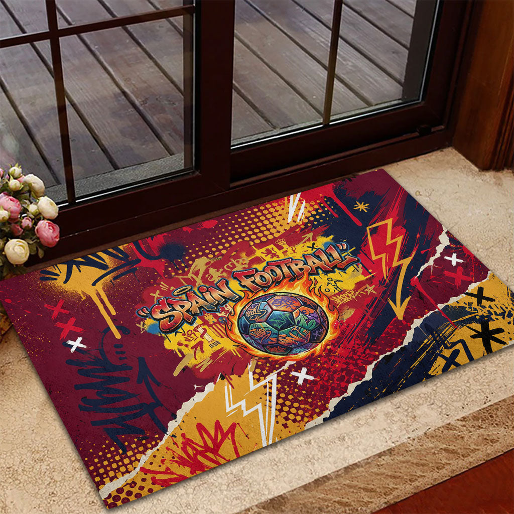 Spain Football Rule The Pitch Rubber Doormat Urban Graffiti Soccer Player Flaming Ball