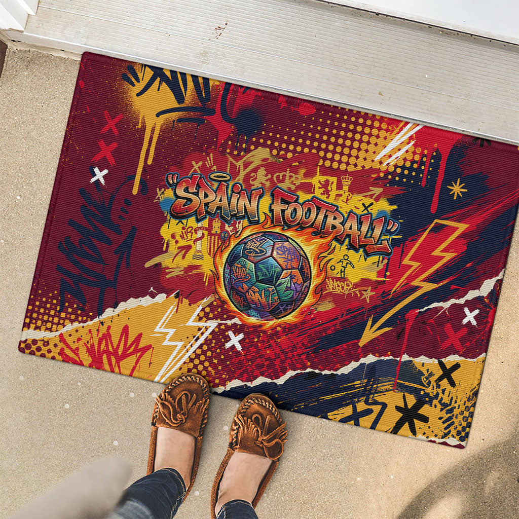 Spain Football Rule The Pitch Rubber Doormat Urban Graffiti Soccer Player Flaming Ball