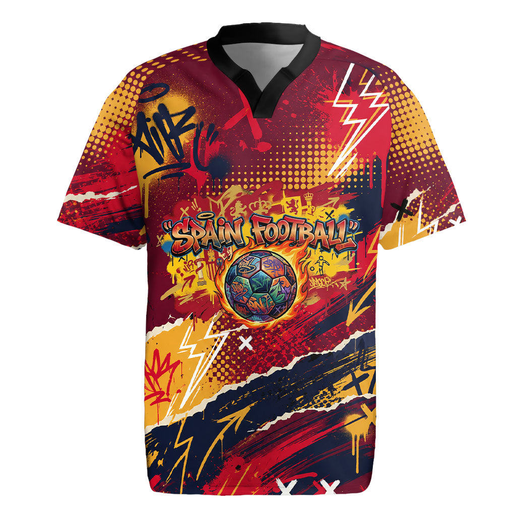 Spain Football Rule The Pitch Rugby Jersey Urban Graffiti Soccer Player Flaming Ball