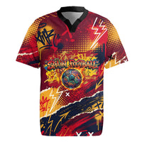 Spain Football Rule The Pitch Rugby Jersey Urban Graffiti Soccer Player Flaming Ball