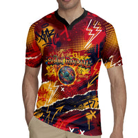 Spain Football Rule The Pitch Rugby Jersey Urban Graffiti Soccer Player Flaming Ball
