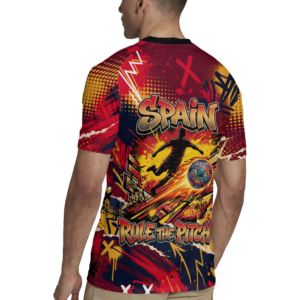Spain Football Rule The Pitch Rugby Jersey Urban Graffiti Soccer Player Flaming Ball