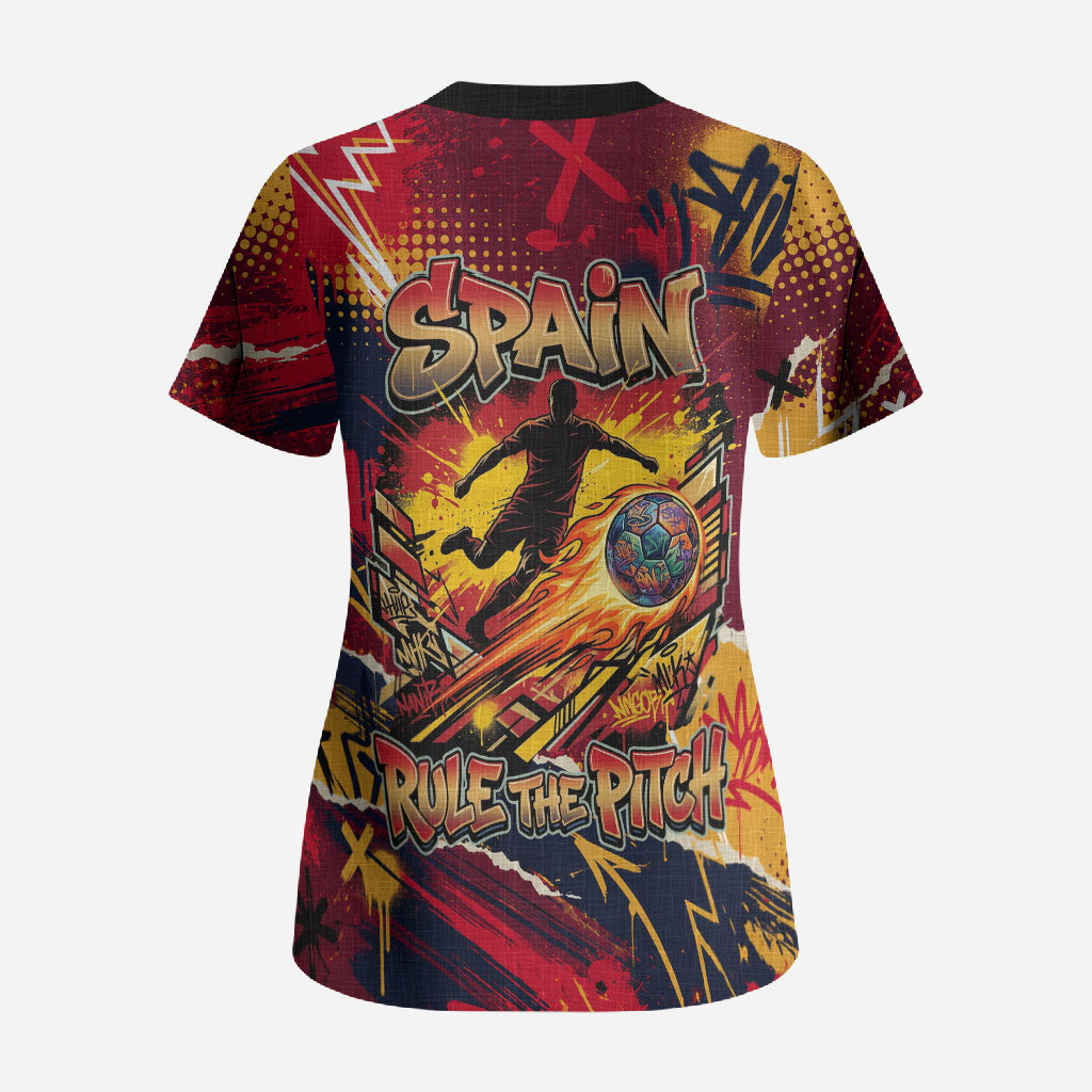 Spain Football Rule The Pitch Scrub Top Urban Graffiti Soccer Player Flaming Ball