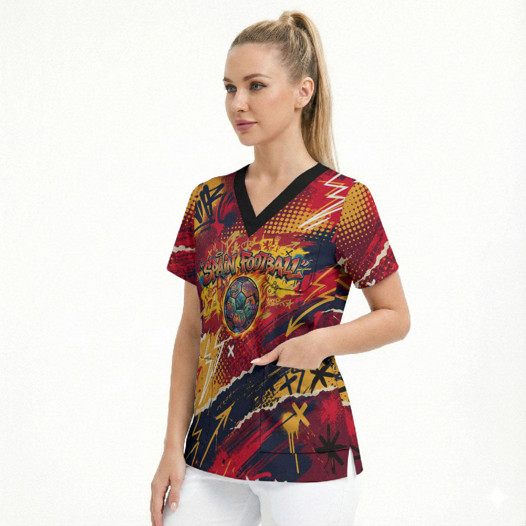 Spain Football Rule The Pitch Scrub Top Urban Graffiti Soccer Player Flaming Ball