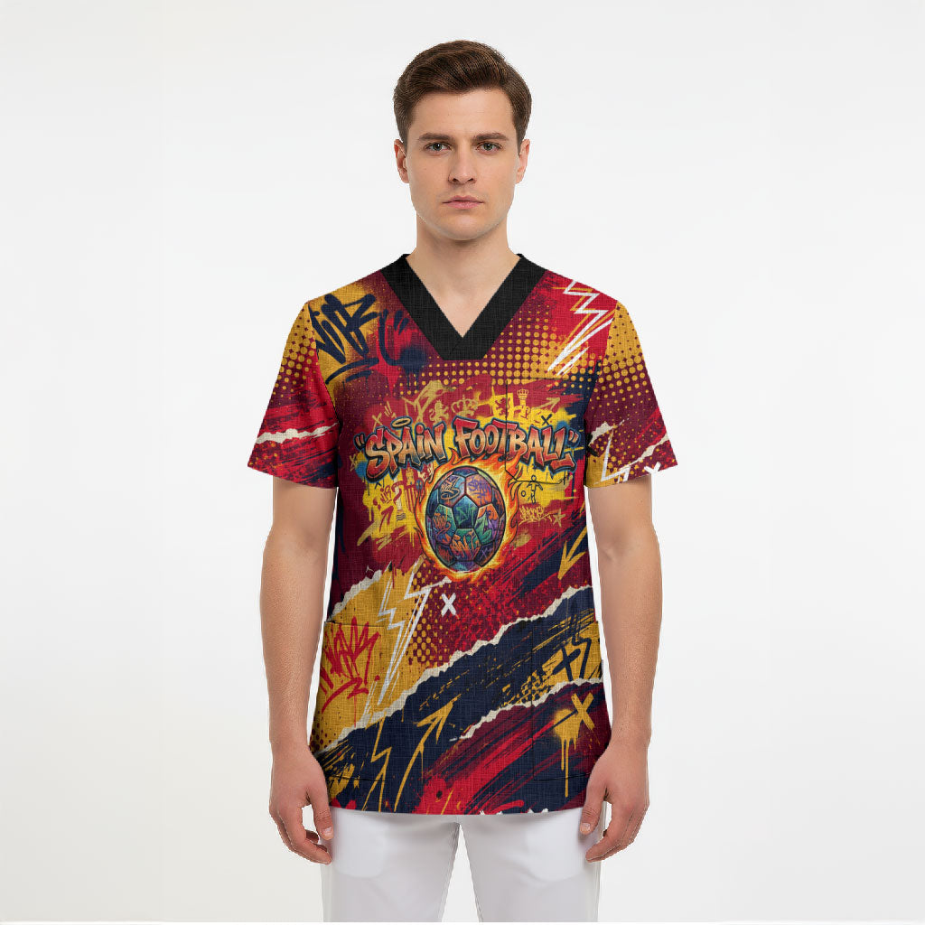 Spain Football Rule The Pitch Scrub Top Urban Graffiti Soccer Player Flaming Ball