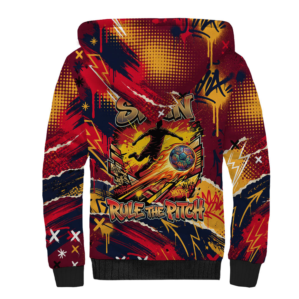 Spain Football Rule The Pitch Sherpa Hoodie Urban Graffiti Soccer Player Flaming Ball