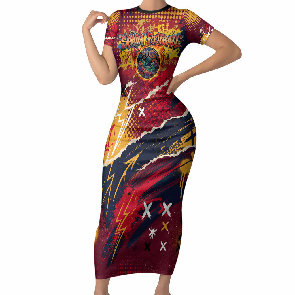 Spain Football Rule The Pitch Short Sleeve Bodycon Dress Urban Graffiti Soccer Player Flaming Ball