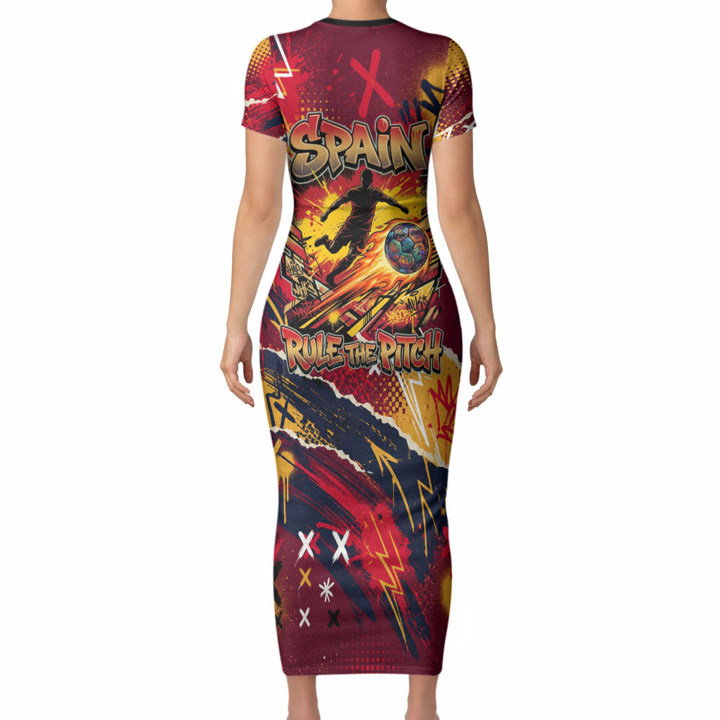 Spain Football Rule The Pitch Short Sleeve Bodycon Dress Urban Graffiti Soccer Player Flaming Ball