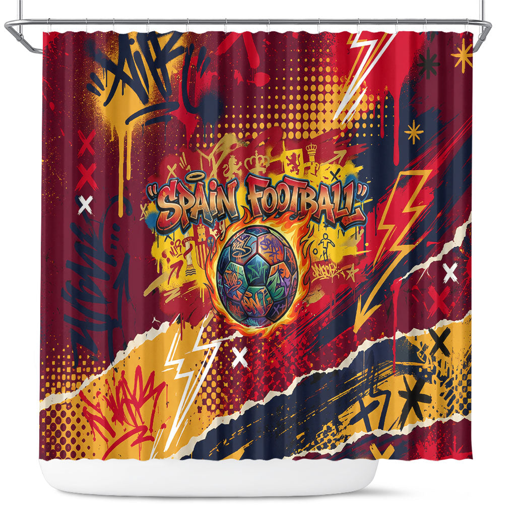 Spain Football Rule The Pitch Shower Curtain Urban Graffiti Soccer Player Flaming Ball