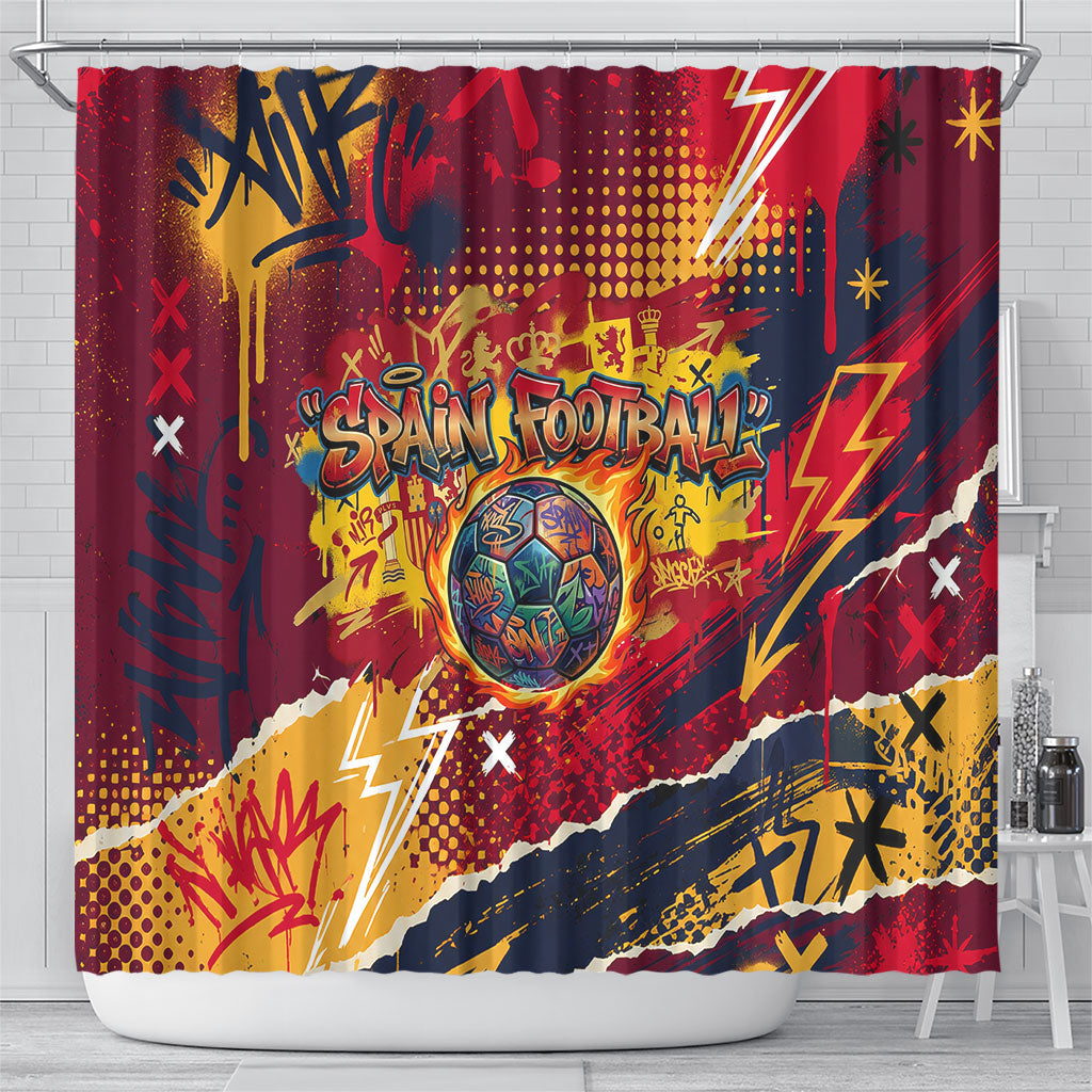 Spain Football Rule The Pitch Shower Curtain Urban Graffiti Soccer Player Flaming Ball
