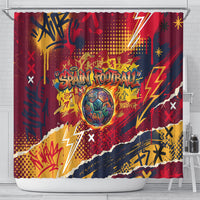 Spain Football Rule The Pitch Shower Curtain Urban Graffiti Soccer Player Flaming Ball