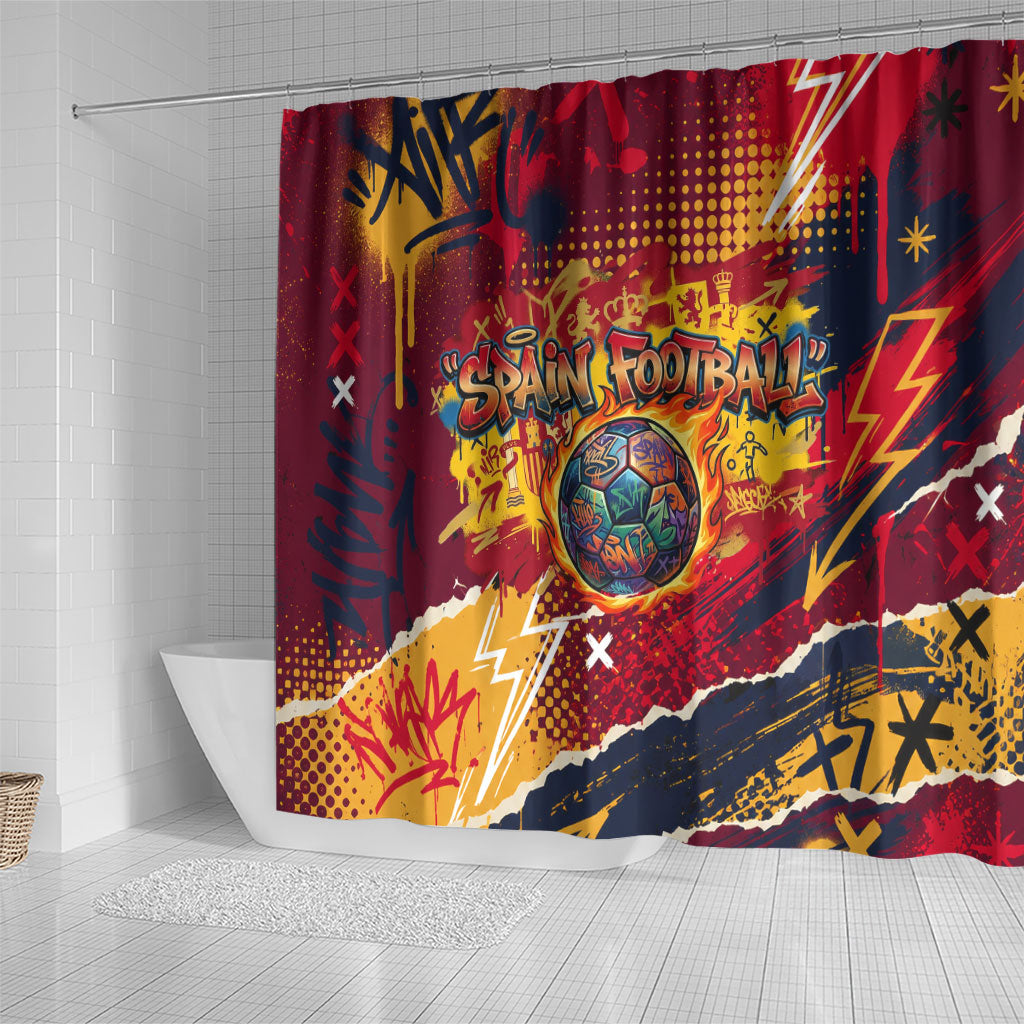 Spain Football Rule The Pitch Shower Curtain Urban Graffiti Soccer Player Flaming Ball