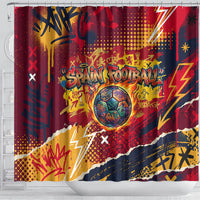 Spain Football Rule The Pitch Shower Curtain Urban Graffiti Soccer Player Flaming Ball