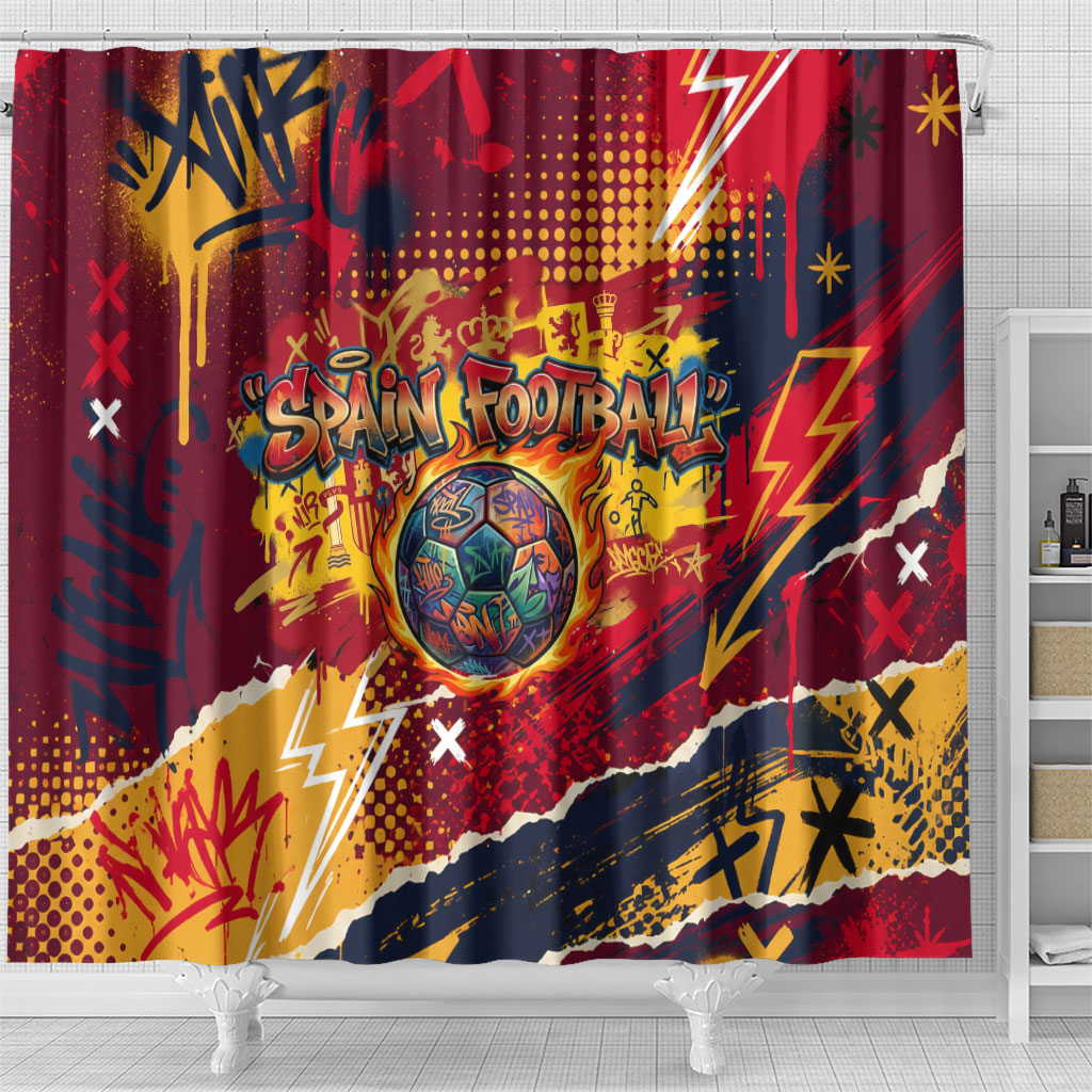 Spain Football Rule The Pitch Shower Curtain Urban Graffiti Soccer Player Flaming Ball