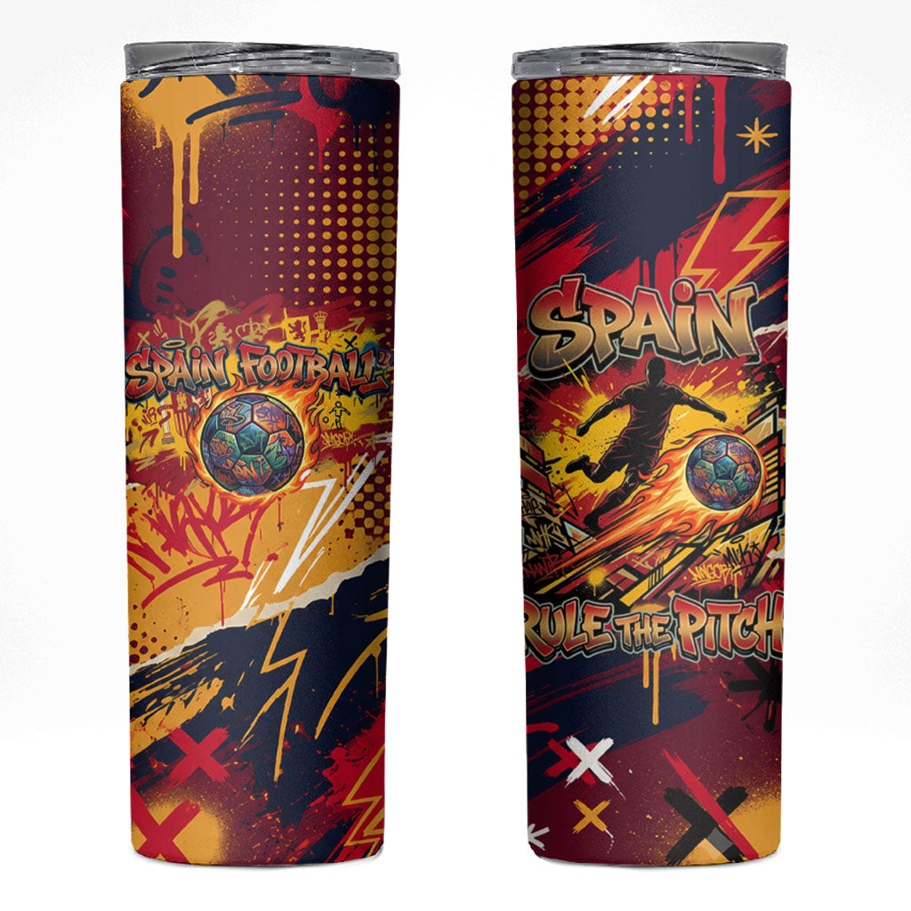 Spain Football Rule The Pitch Skinny Tumbler Urban Graffiti Soccer Player Flaming Ball