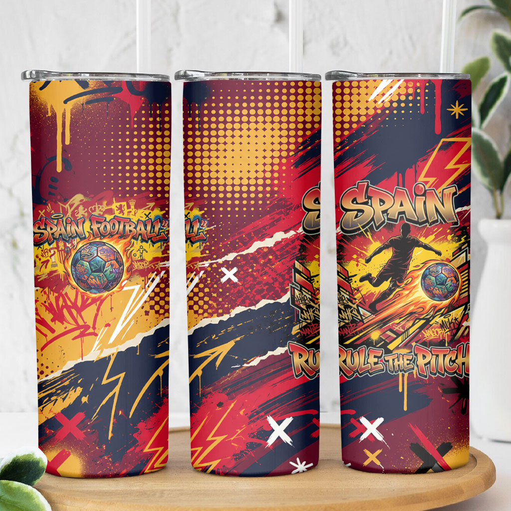 Spain Football Rule The Pitch Skinny Tumbler Urban Graffiti Soccer Player Flaming Ball