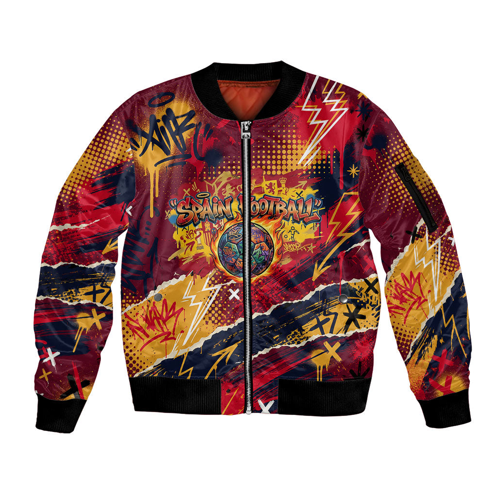 Spain Football Rule The Pitch Sleeve Zip Bomber Jacket Urban Graffiti Soccer Player Flaming Ball