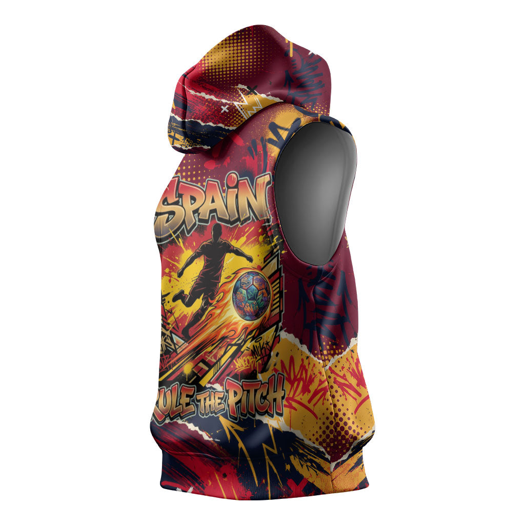 Spain Football Rule The Pitch Sleeveless Hoodie Urban Graffiti Soccer Player Flaming Ball