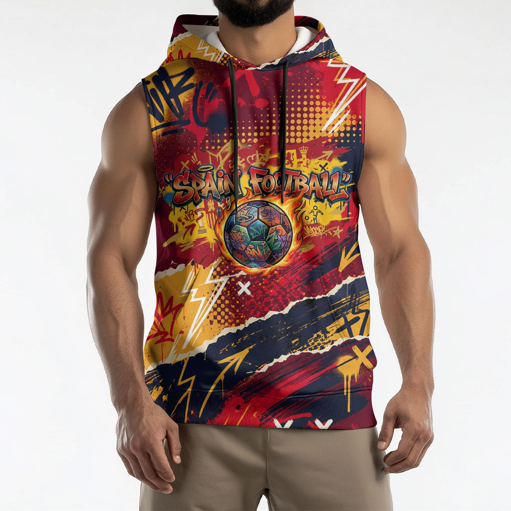 Spain Football Rule The Pitch Sleeveless Hoodie Urban Graffiti Soccer Player Flaming Ball