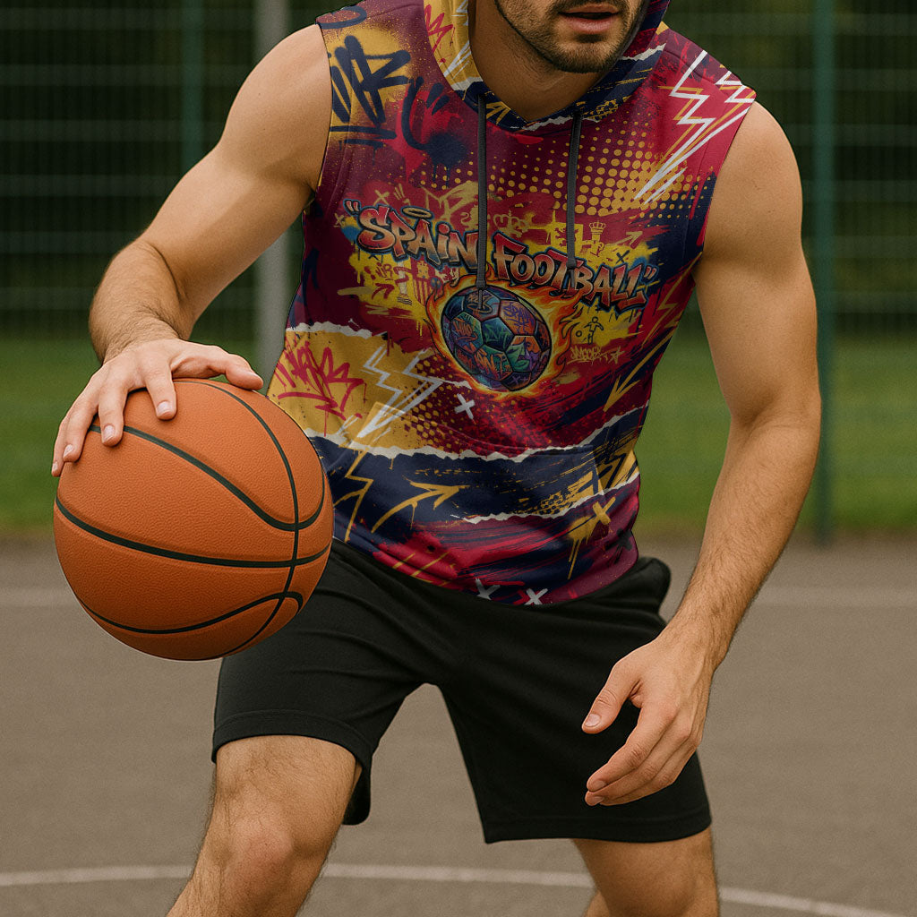 Spain Football Rule The Pitch Sleeveless Hoodie Urban Graffiti Soccer Player Flaming Ball