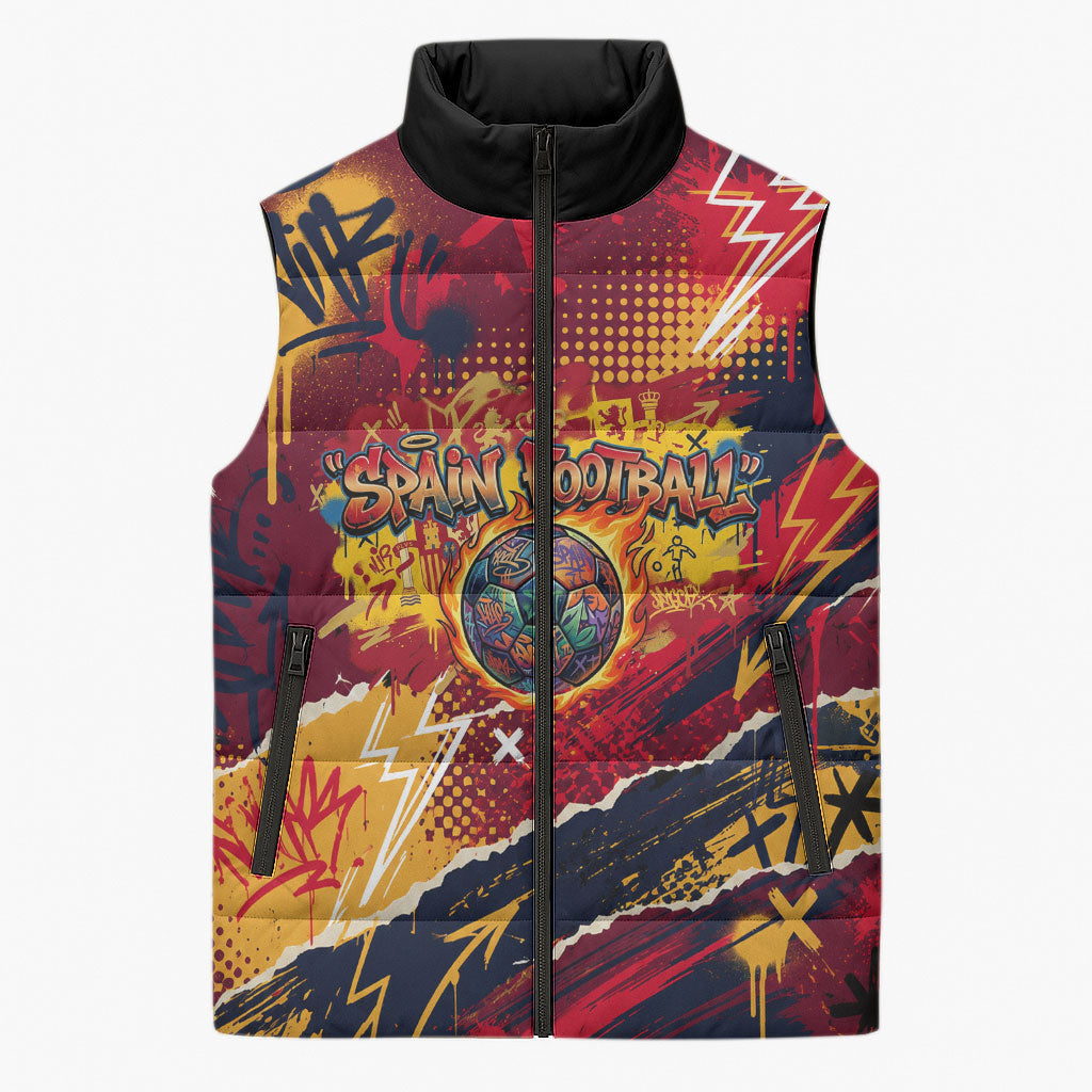 Spain Football Rule The Pitch Sleeveless Puffer Jacket Urban Graffiti Soccer Player Flaming Ball