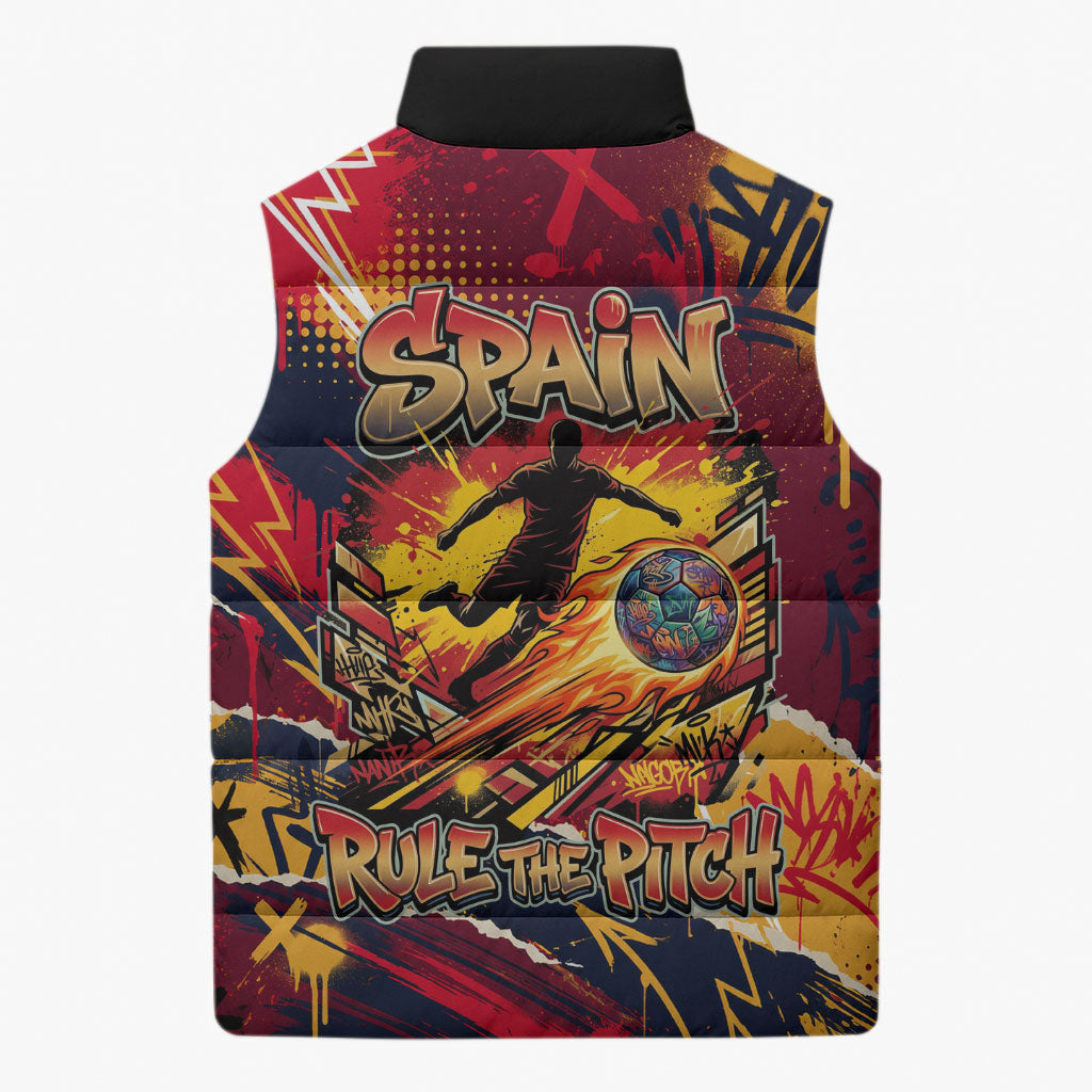 Spain Football Rule The Pitch Sleeveless Puffer Jacket Urban Graffiti Soccer Player Flaming Ball